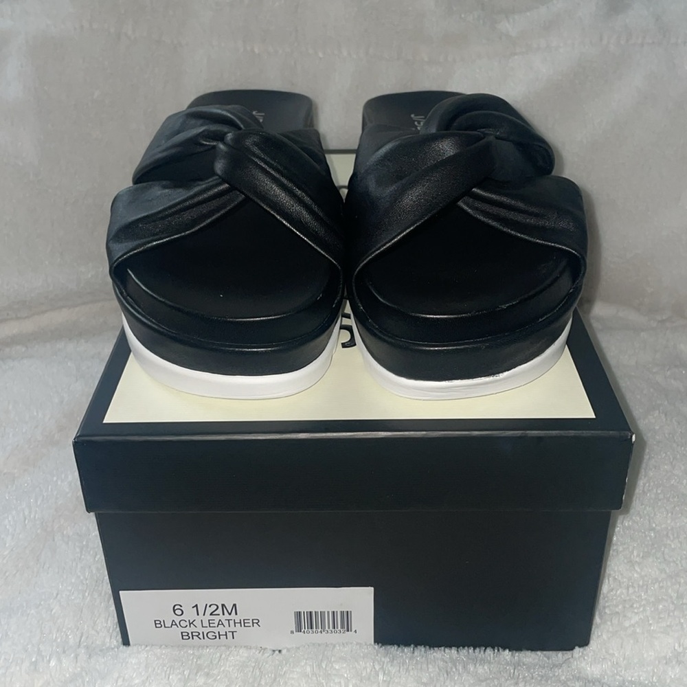 NWT J/SLIDES BRIGHT Black Leather Platform Slide Sandal - Picture 6 of 15